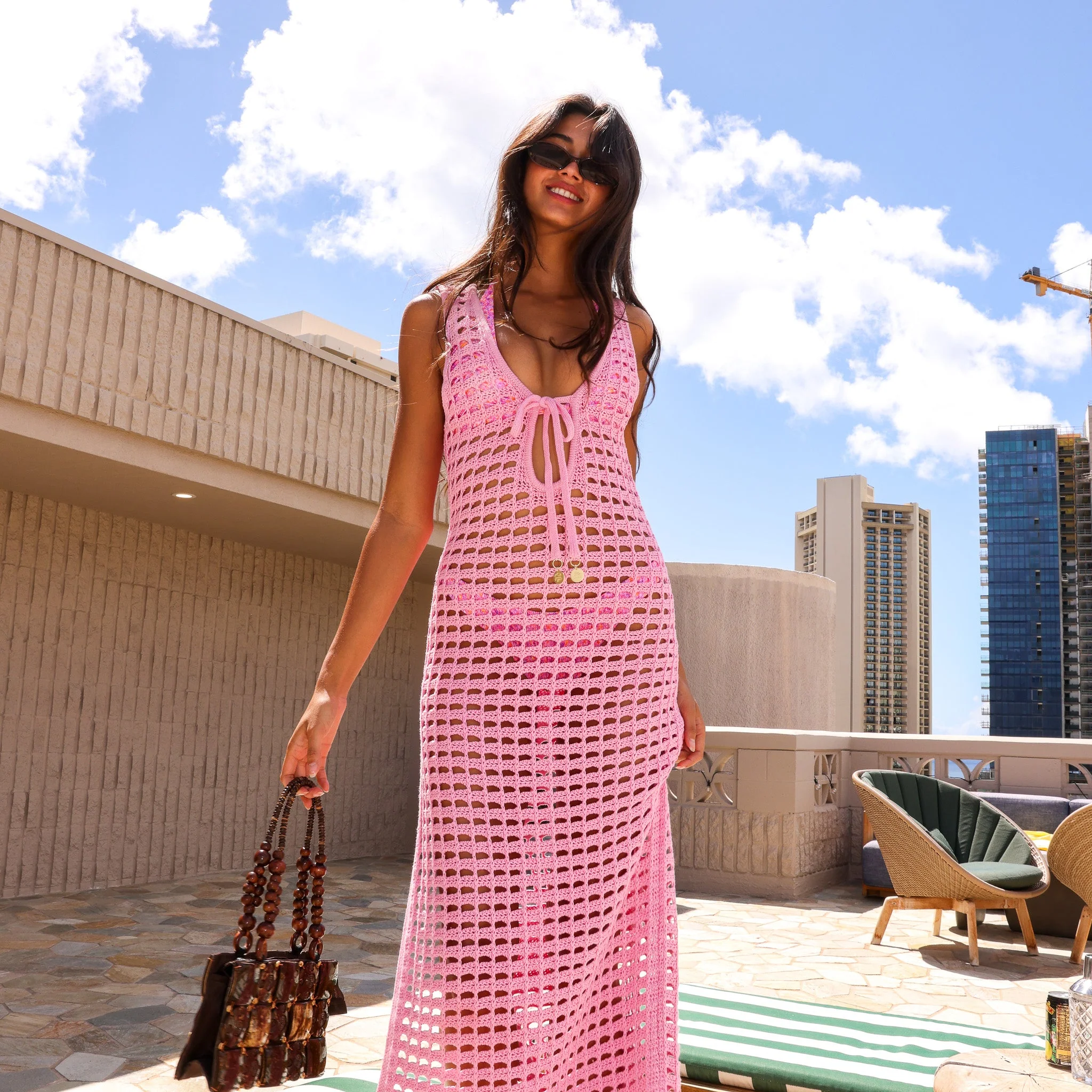 Crochet Plunge Maxi Dress - Bubblegum - Image 2